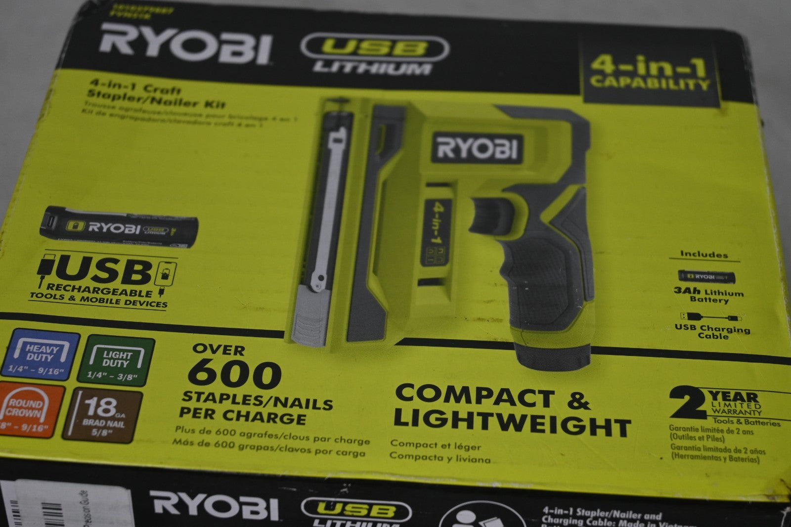 RYOBI USB Lithium 4V Cordless 4-in-1 Stapler/Nailer Kit FVN51K