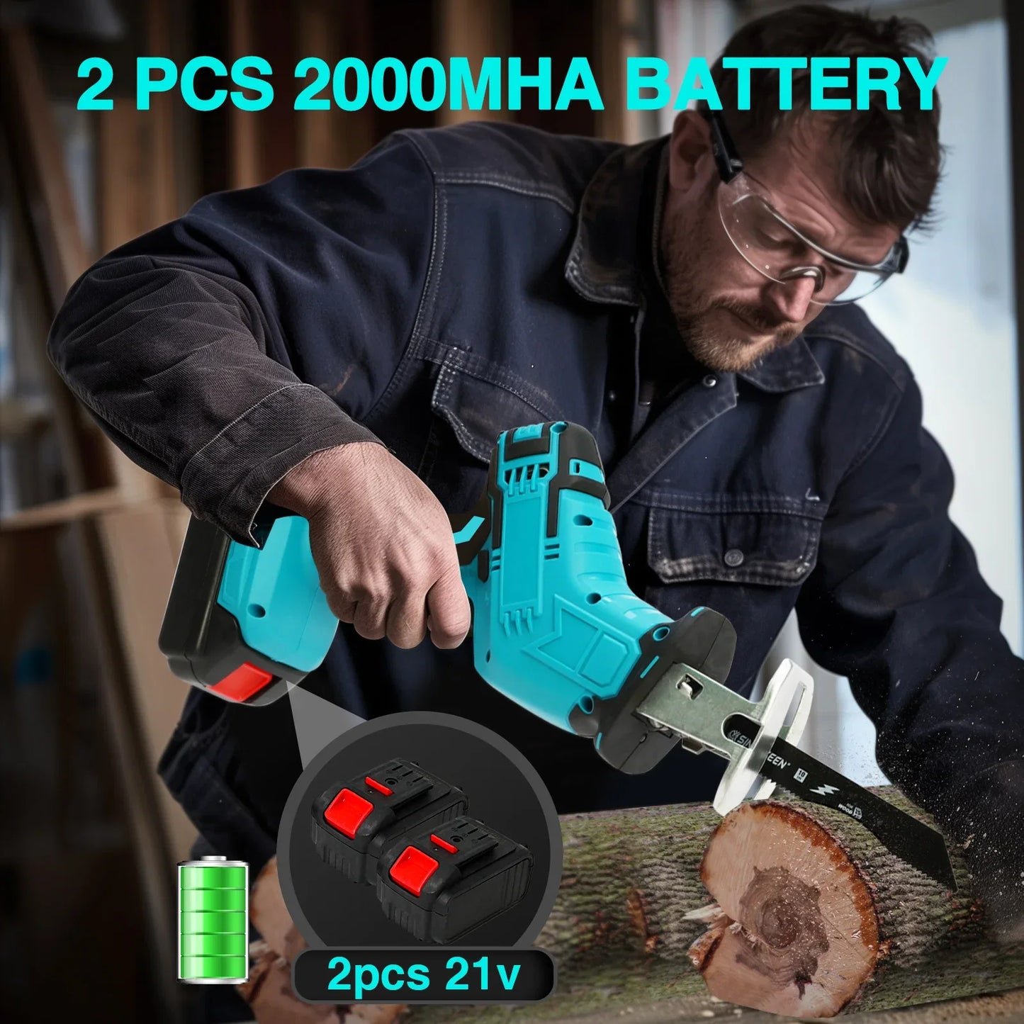 Reciprocating Saw 21V Cordless 0-4500 SPM 2 Batteries 4 Saw BladesTool