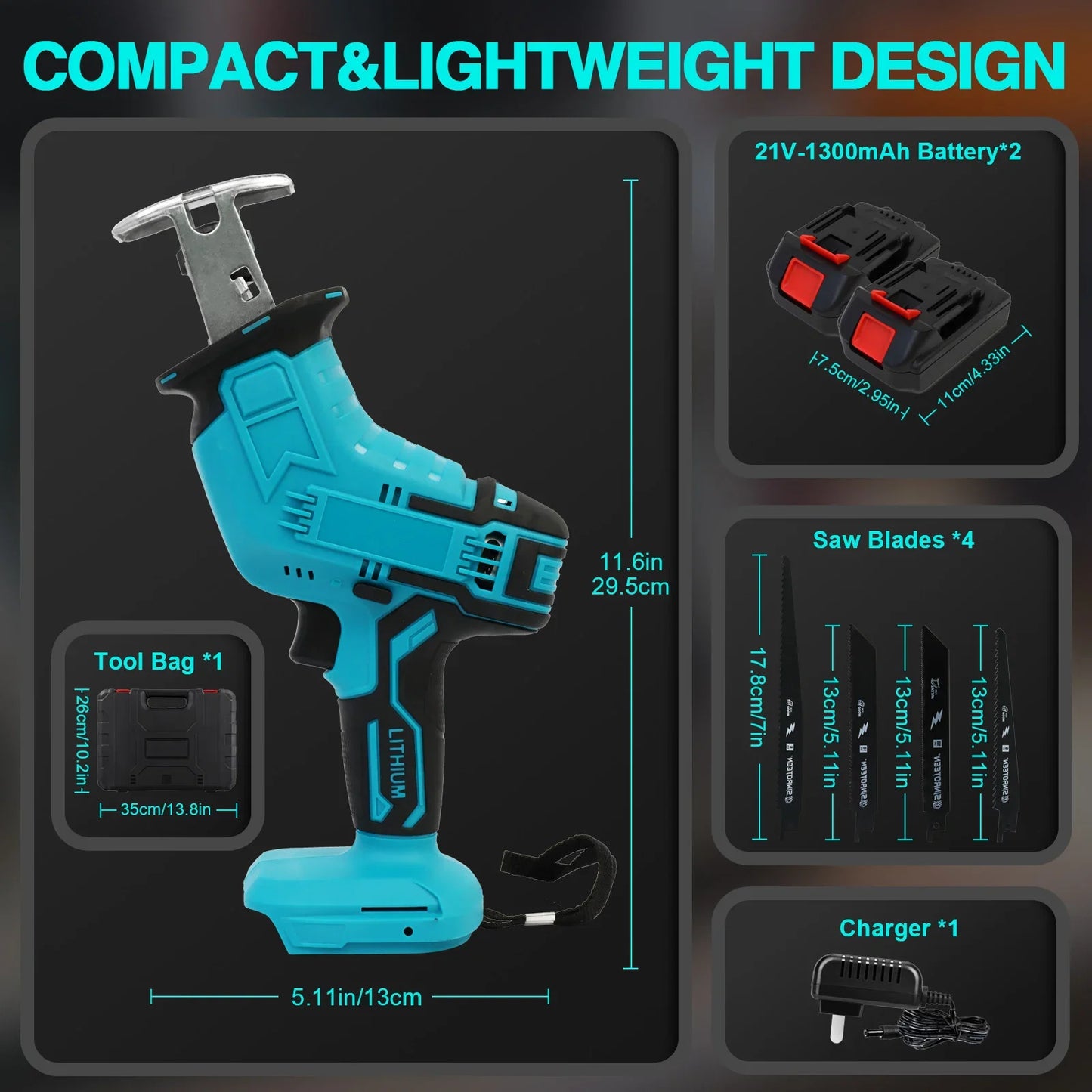 Reciprocating Saw 21V Cordless 0-4500 SPM 2 Batteries 4 Saw BladesTool